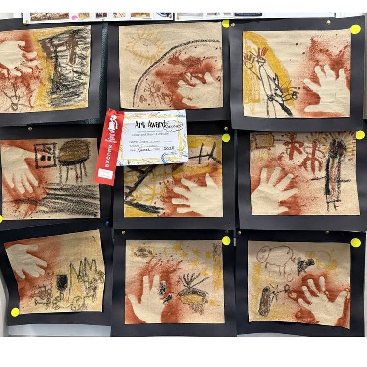 9 art works created by children, in a range of earlth brons and yellows in an aboriginal cave painting communication style with an outline of their hand