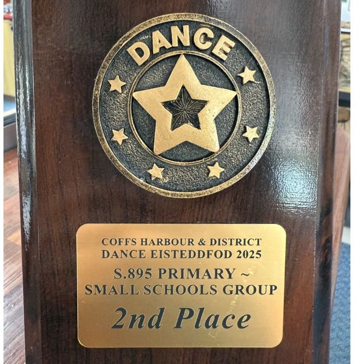Round image with a star in the middle and the word DANCE at the top on a wooden rectangular trophy with gold plaque reading